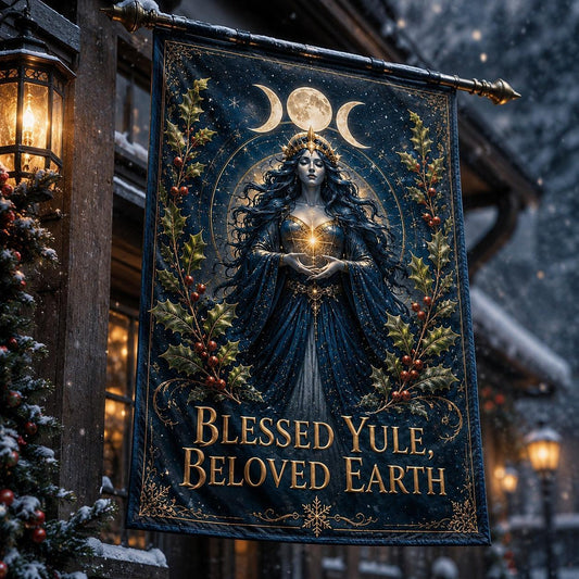 Yule Goddess Awakening house flag displayed outdoors on a garden flag stand