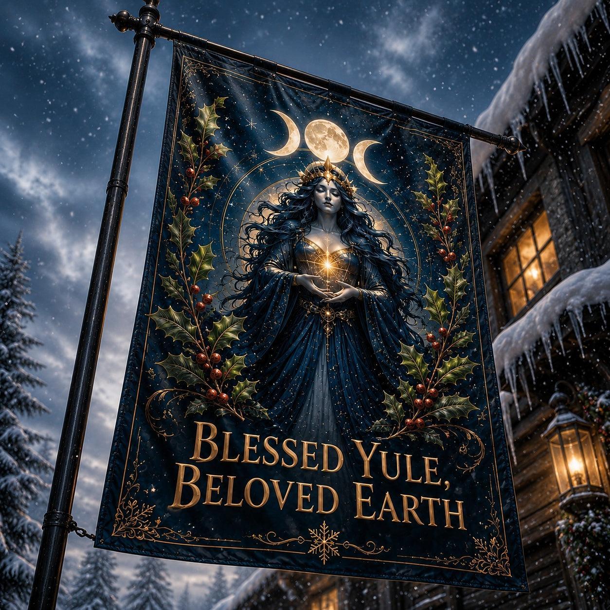 Yule Goddess Awakening house flag mockup hanging outdoors as pagan winter decor