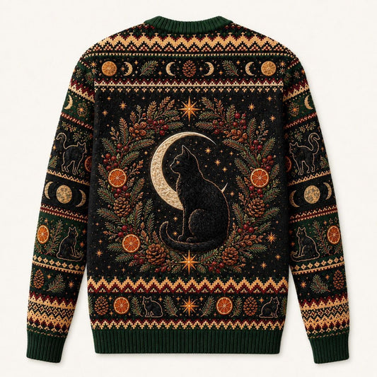Yule Log Cat Sweater Black Cat Gold Crescent Winter Knit back view