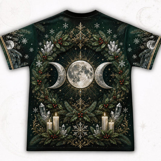 Yule Moon Goddess T-Shirt Evergreen Candle Winter Solstice Tee back view