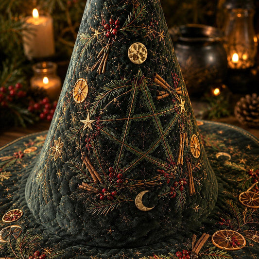 Yule Pentacle Witch Hat – Evergreen Solstice Wiccan Brim Hat – styled with candles and crystals