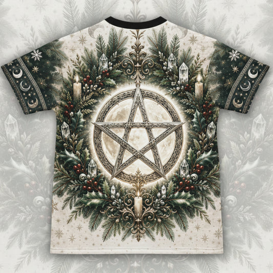 Yule Pentacle Wreath T-Shirt Evergreen Candle Winter Pagan Tee back view