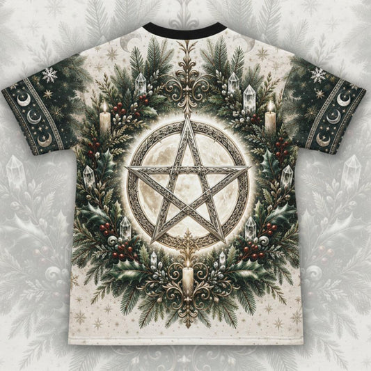 Yule Pentacle Wreath T-Shirt Evergreen Candle Winter Pagan Tee back view