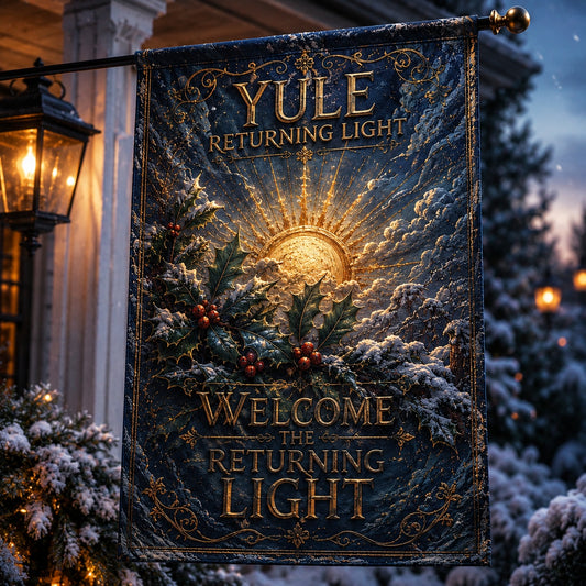 Yule Returning Light house flag displayed outdoors on a garden flag stand