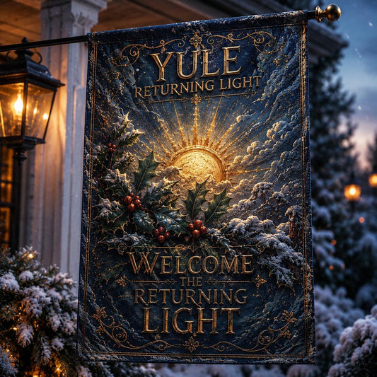 Yule Returning Light house flag displayed outdoors on a garden flag stand