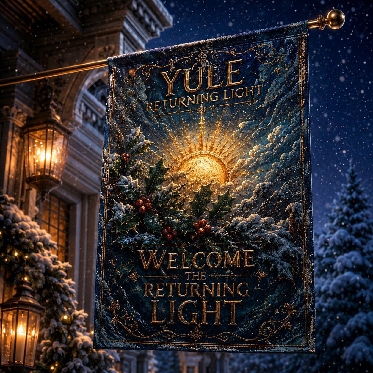 Yule Returning Light house flag mockup hanging outdoors as pagan winter decor