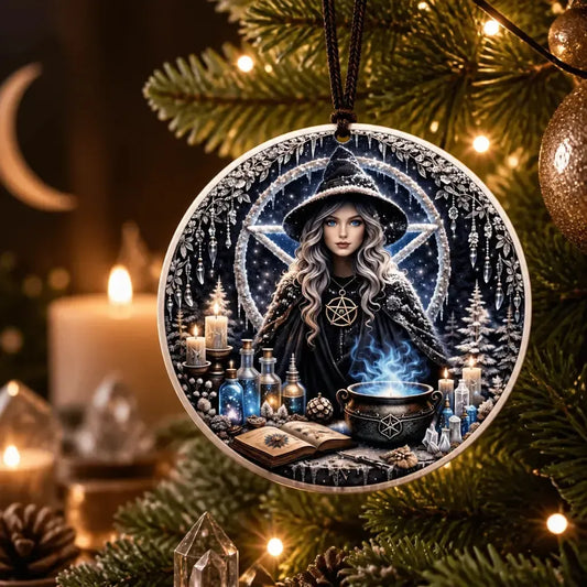 Yule Witch Ceramic Ornament with Pentagram – Gothic Halloween Christmas Tree Decor_mockup_1.webp