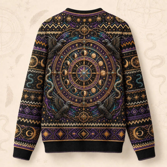Serpent Arch Witch Sweater Zodiac Wheel Gold Teal Knit back view