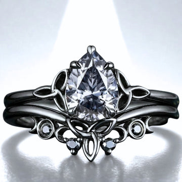 Wicca Celtic Knot Triple Moon Ring - Gothic Gray Moissanite Norse Viking Witchy Promise Wedding Ring-MoonChildWorld