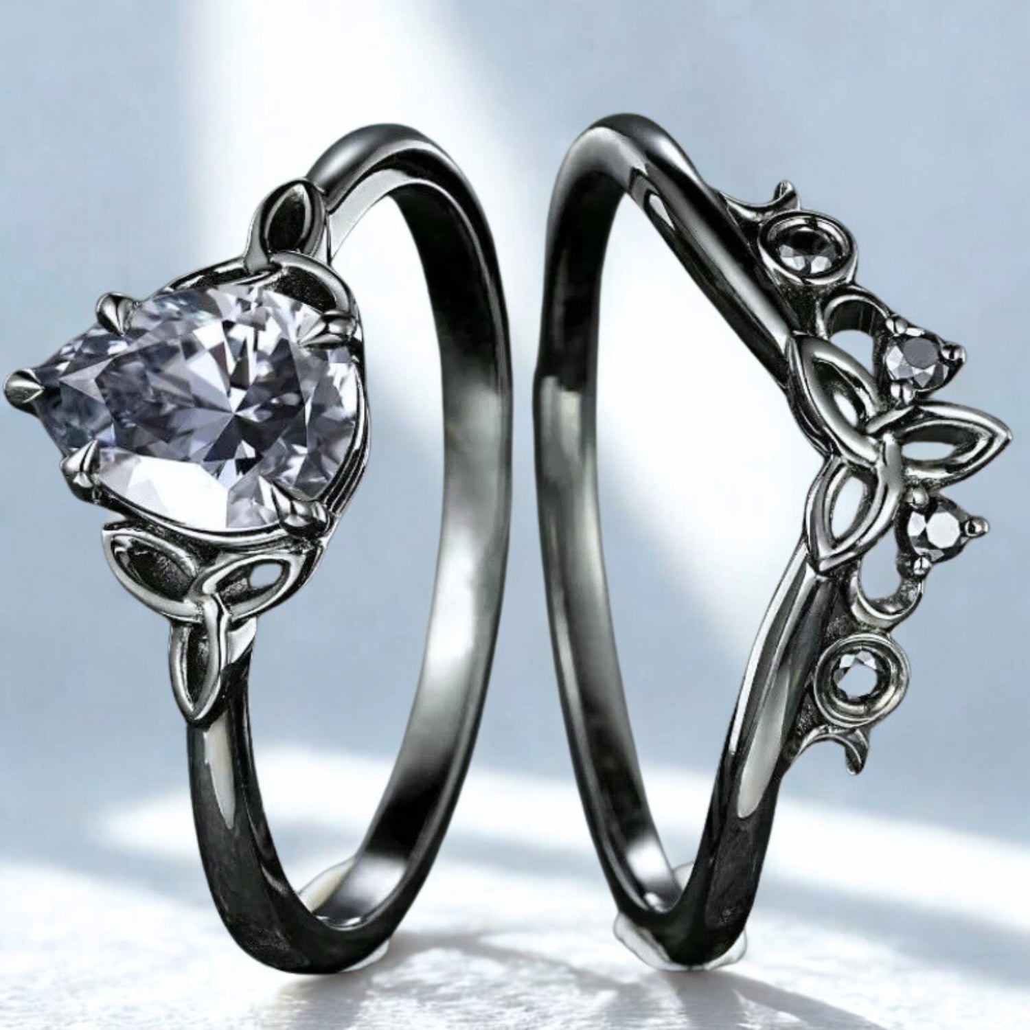 Wicca Celtic Knot Triple Moon Ring - Gothic Gray Moissanite Norse Viking Witchy Promise Wedding Ring-MoonChildWorld