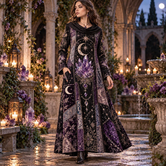 Amethyst Crescent Moon Celestial Cowl Neck Dress โ Witchy Gothic Maxi โ worn, in motion