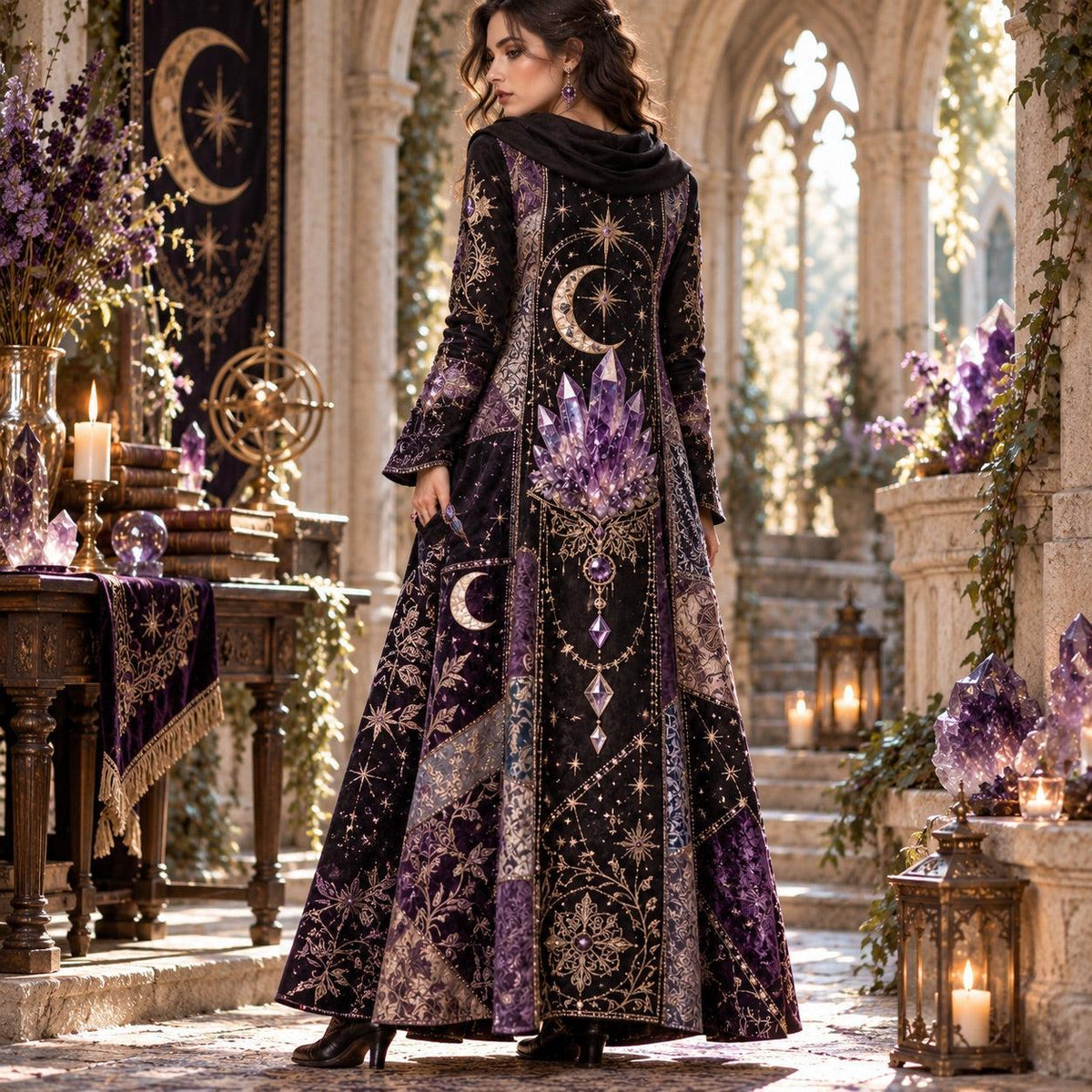 Amethyst Crescent Moon Celestial Cowl Neck Dress – Witchy Gothic Maxi – worn, three quarter view