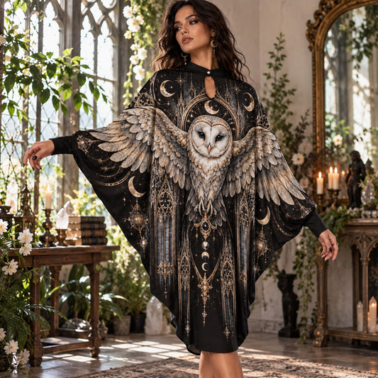 Barn Owl Lunar Cathedral Gothic Batwing Dress โ Witchy Moon Midi โ worn, three quarter view