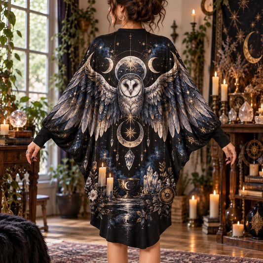 Barn Owl Moon Witchy Batwing Dress – Pagan Celestial Altar Midi – worn, back view