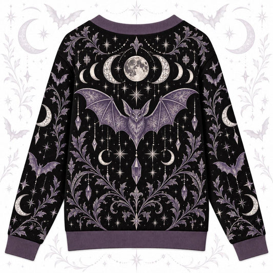 Bat Moon Phase Halloween Cardigan for Women Purple Gothic Whimsigoth, back view