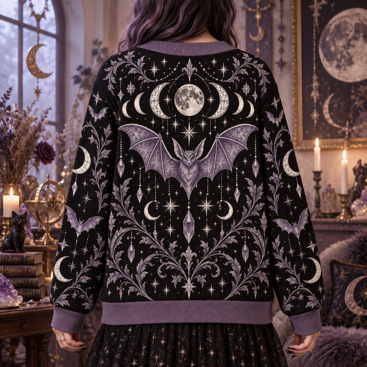 Bat Moon Phase Halloween Cardigan for Women Purple Gothic Whimsigoth, worn, back view