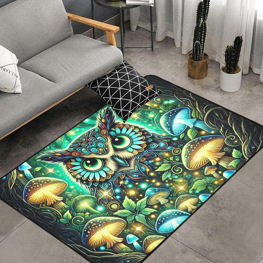 Forest Mushroom and Spirit Owl Area Rug Witchy Owl Carpet-MoonChildWorld