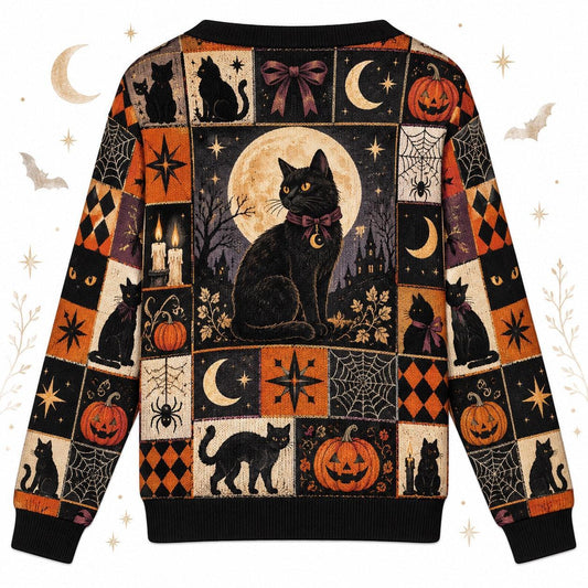 Black Cat Bow Spiderweb Halloween Cardigan for Women Plum Patchwork, back view