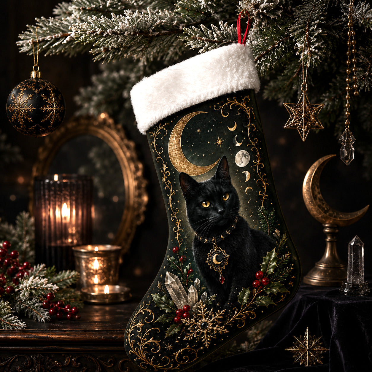 Black Cat Crescent Christmas Stocking Witchy Yule Cat Decor, styled shot 3