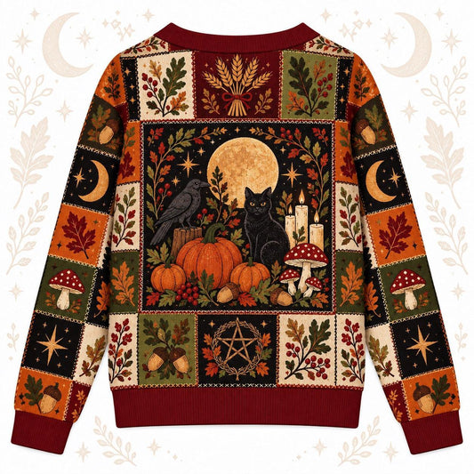 Black Cat Harvest Moon Pumpkin Pagan Cardigan for Women Fall Patchwork, back view