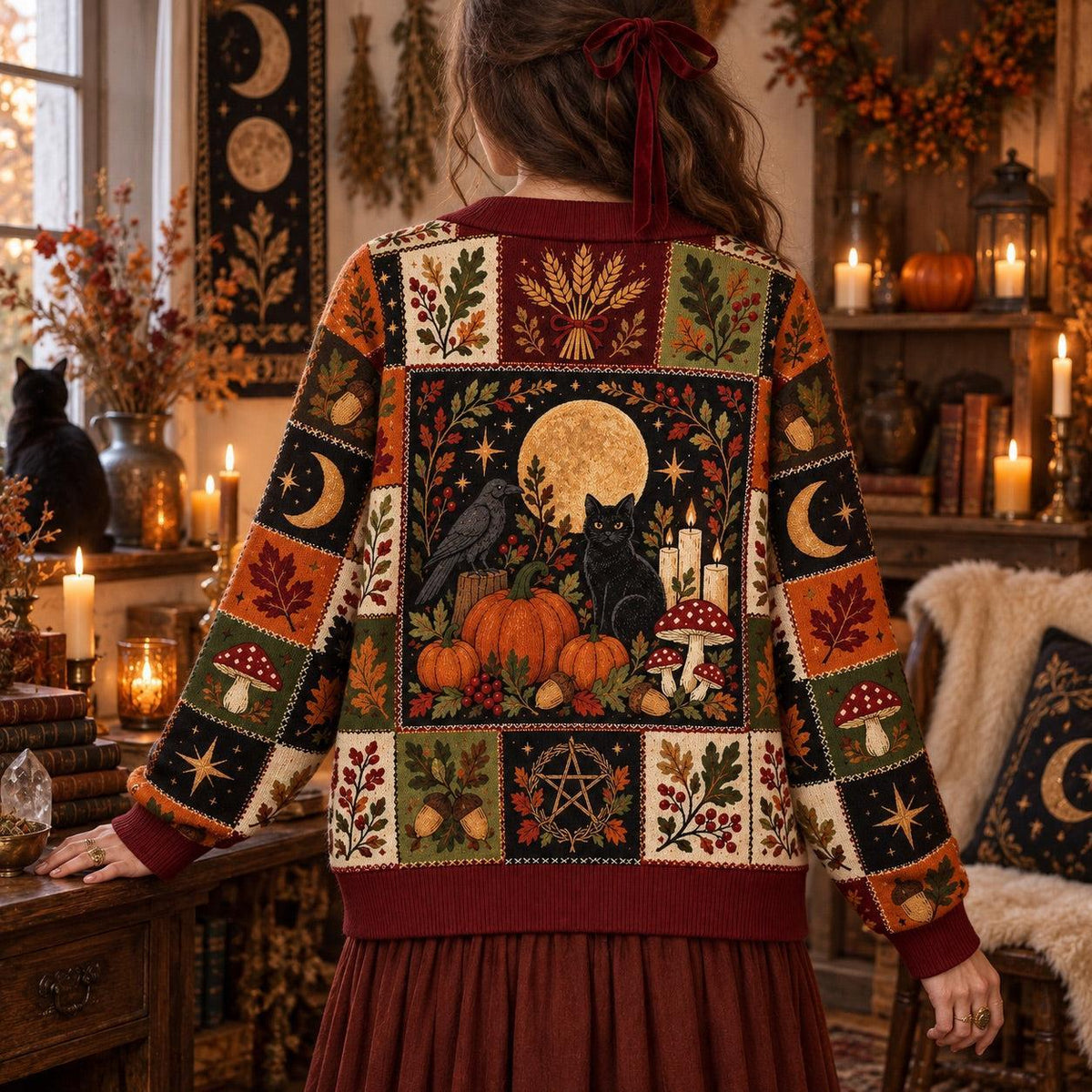 Black Cat Harvest Moon Pumpkin Pagan Cardigan for Women Fall Patchwork, worn, back view
