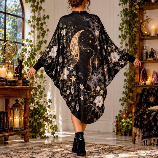 Black Cat Moon Garden Witchy Batwing Dress – Gothic Celestial Midi – worn, back view