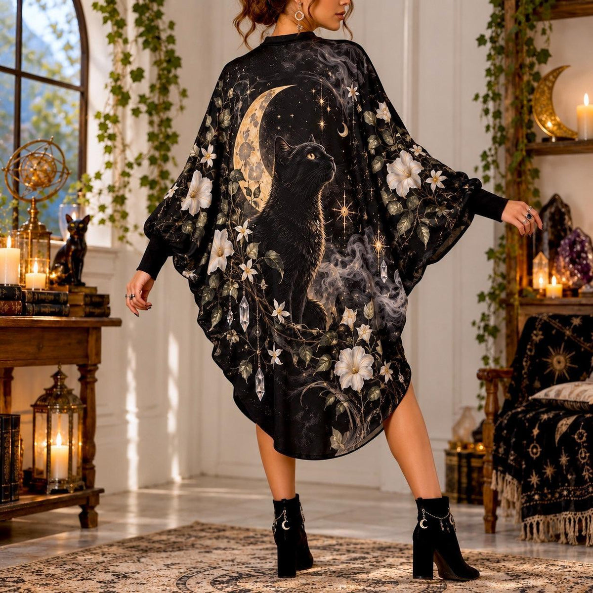 Black Cat Moon Garden Witchy Batwing Dress – Gothic Celestial Midi – worn, back view