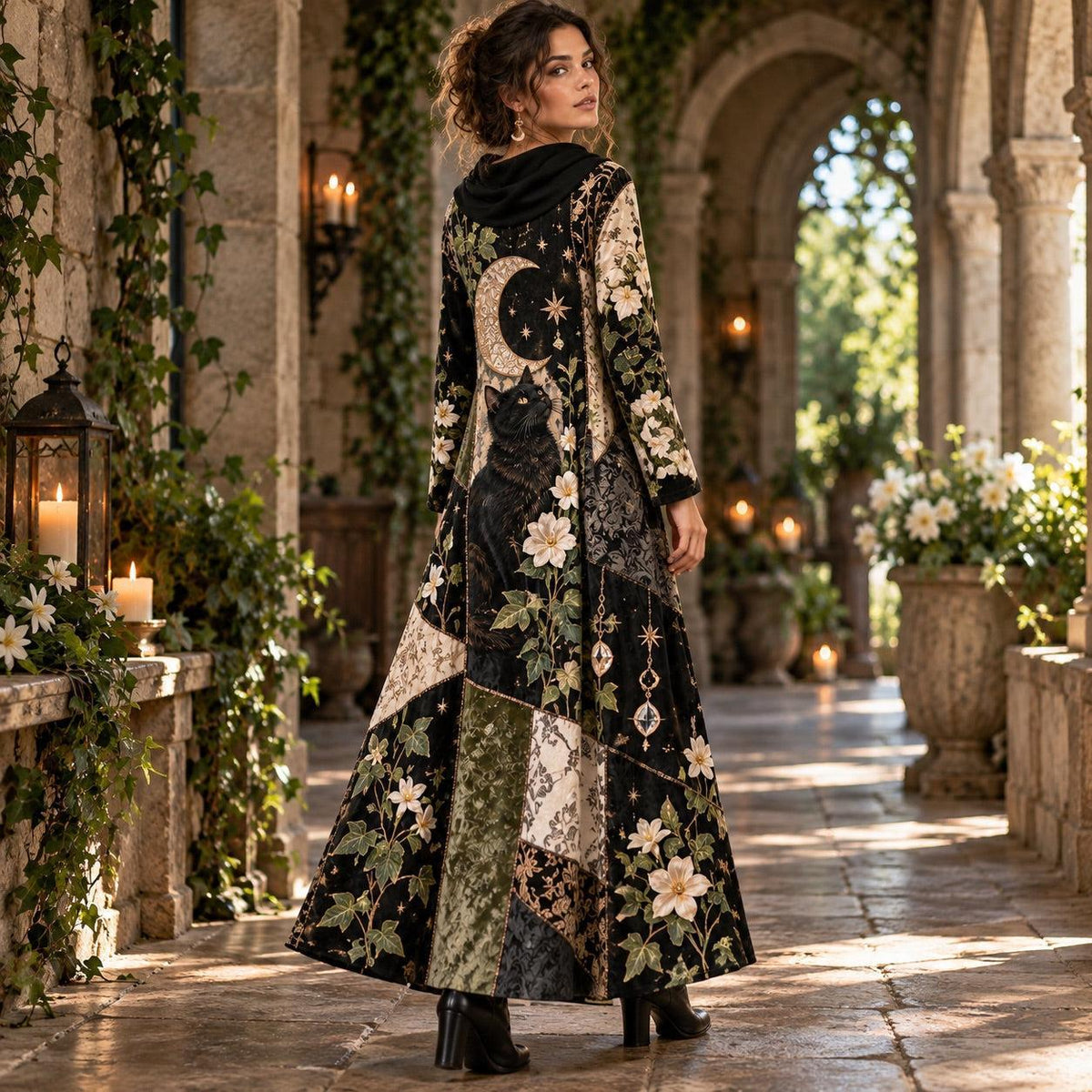 Black Cat Moon Garden Witchy Cowl Neck Dress – Gothic Patchwork Maxi – worn, three quarter view