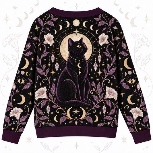 Black Cat Moonflower Crystal Witchy Cardigan for Women Purple Gold Moon, back view