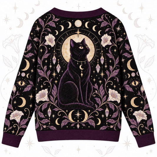 Black Cat Moonflower Crystal Witchy Cardigan for Women Purple Gold Moon, back view