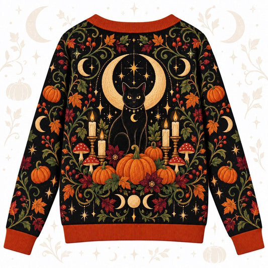 Black Cat Pumpkin Mushroom Halloween Cardigan for Women Witchy Fall, back view