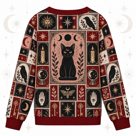Black Cat Triple Moon Tarot Patchwork Cardigan for Women Witchy Red, back view