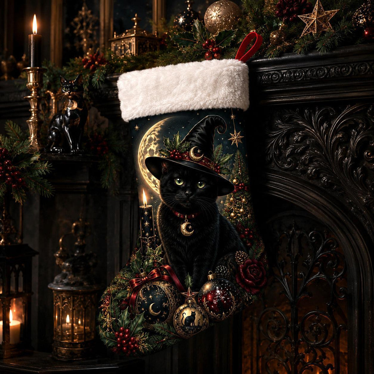 Black Cat Witch Hat Christmas Stocking Gothic Kitty Yule Decor, styled shot 4