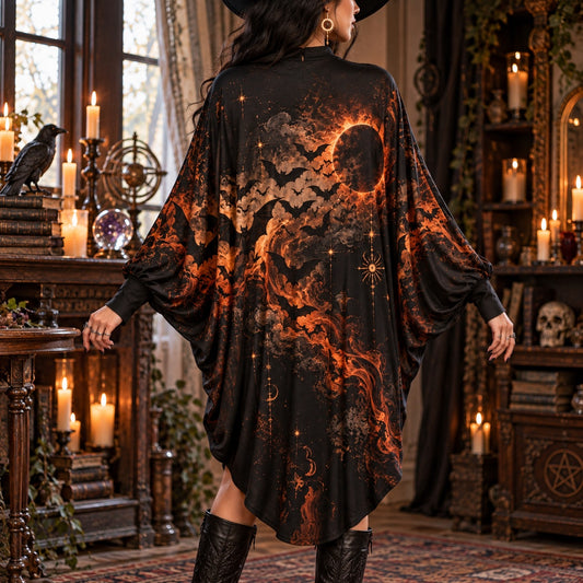 Black Flame Bat Eclipse Gothic Batwing Dress โ Halloween Witchy Midi โ worn, back view