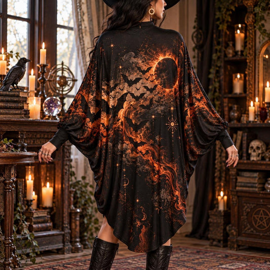 Black Flame Bat Eclipse Gothic Batwing Dress – Halloween Witchy Midi – worn, back view