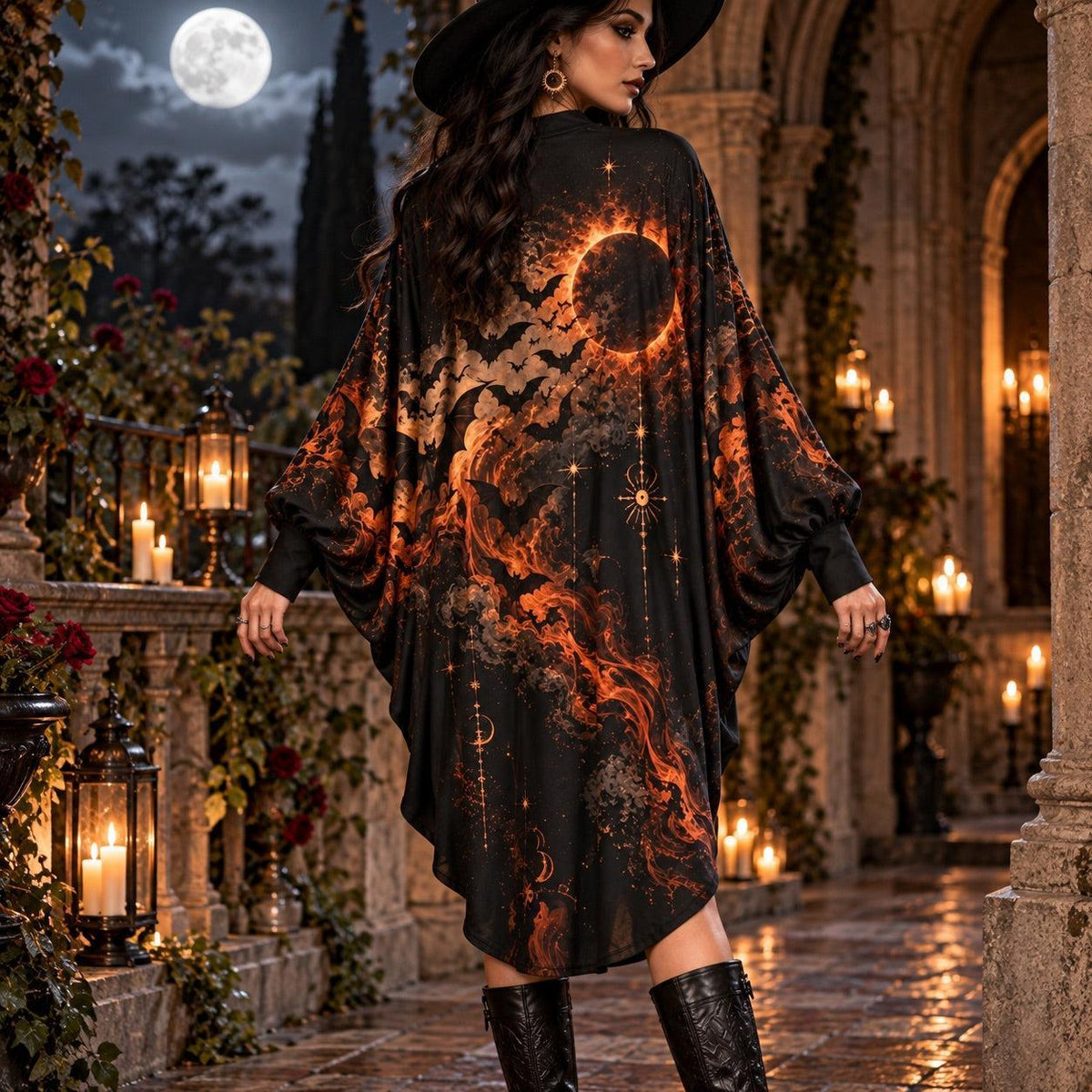 Black Flame Bat Eclipse Gothic Batwing Dress – Halloween Witchy Midi – worn, back view
