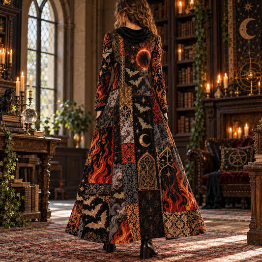 Black Flame Eclipse Bat Gothic Cowl Neck Dress โ Witchy Patchwork Maxi โ worn, back view