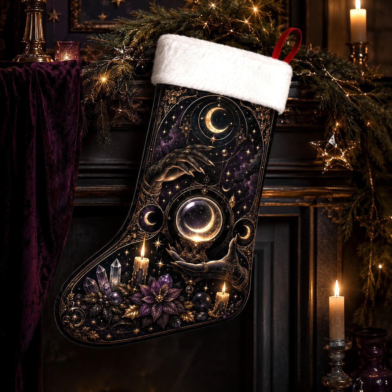 Black Moon Orb Christmas Stocking Occult Gold Yule Altar Decor, styled shot 3