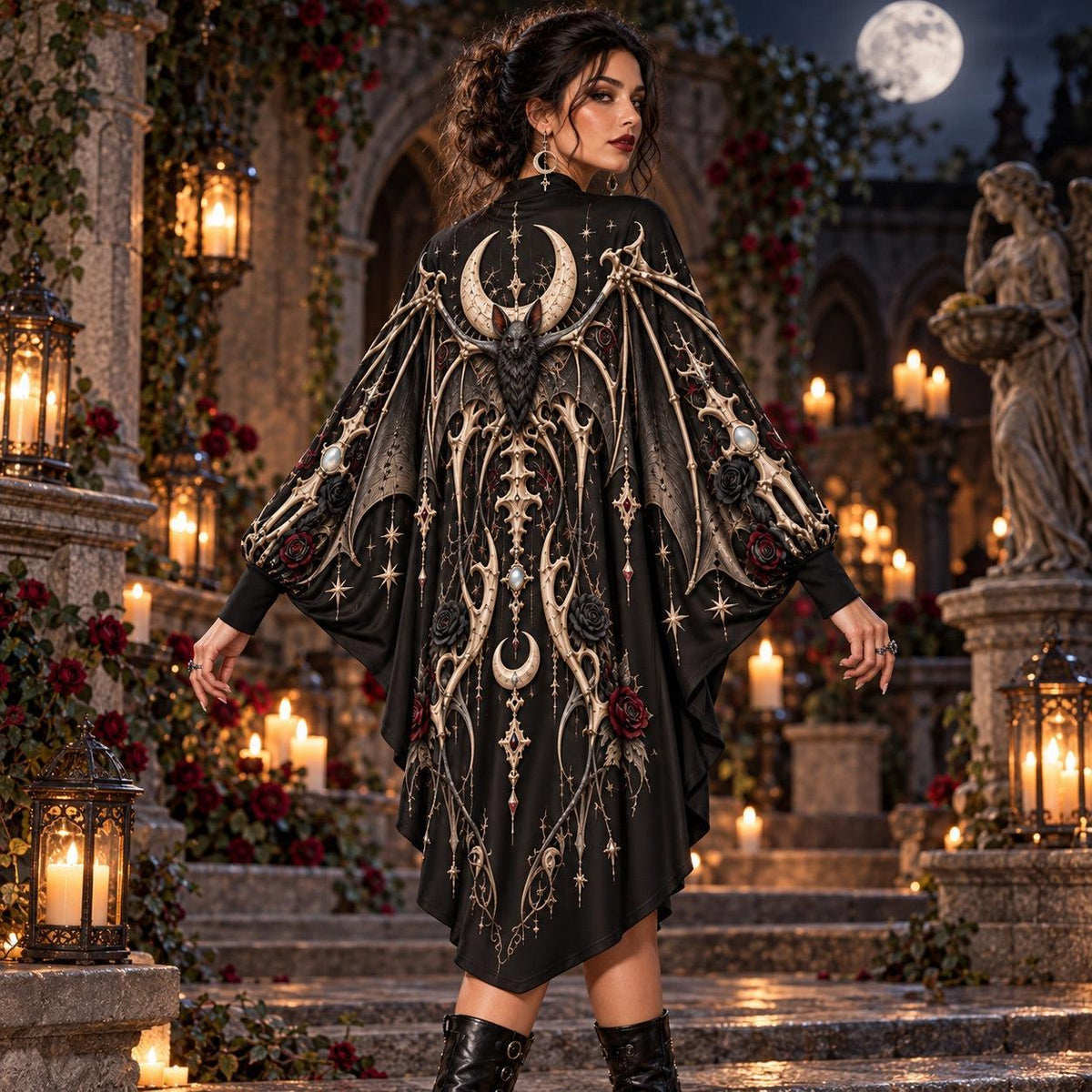 Bone Bat Reliquary Gothic Batwing Dress – Witchy Rose Moon Midi – worn, back view