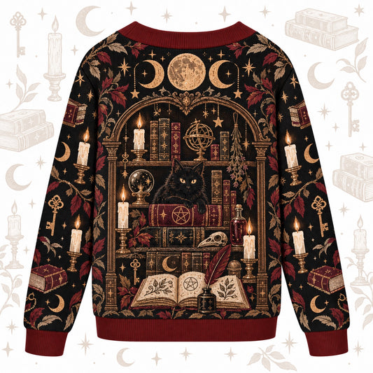 Bookshelf Black Cat Witch Hat Witchy Cardigan for Women Dark Academia, back view