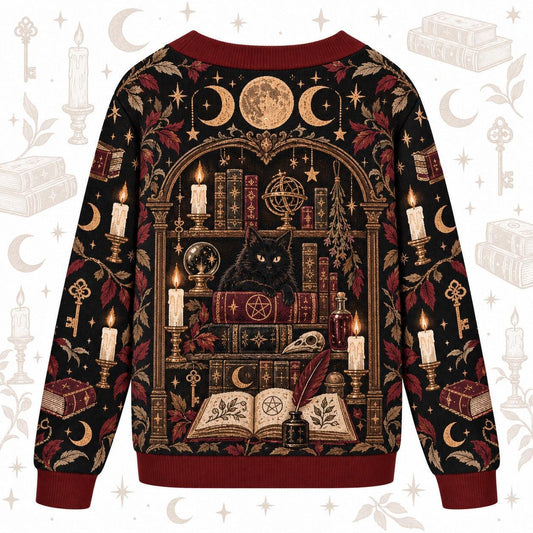 Bookshelf Black Cat Witch Hat Witchy Cardigan for Women Dark Academia, back view
