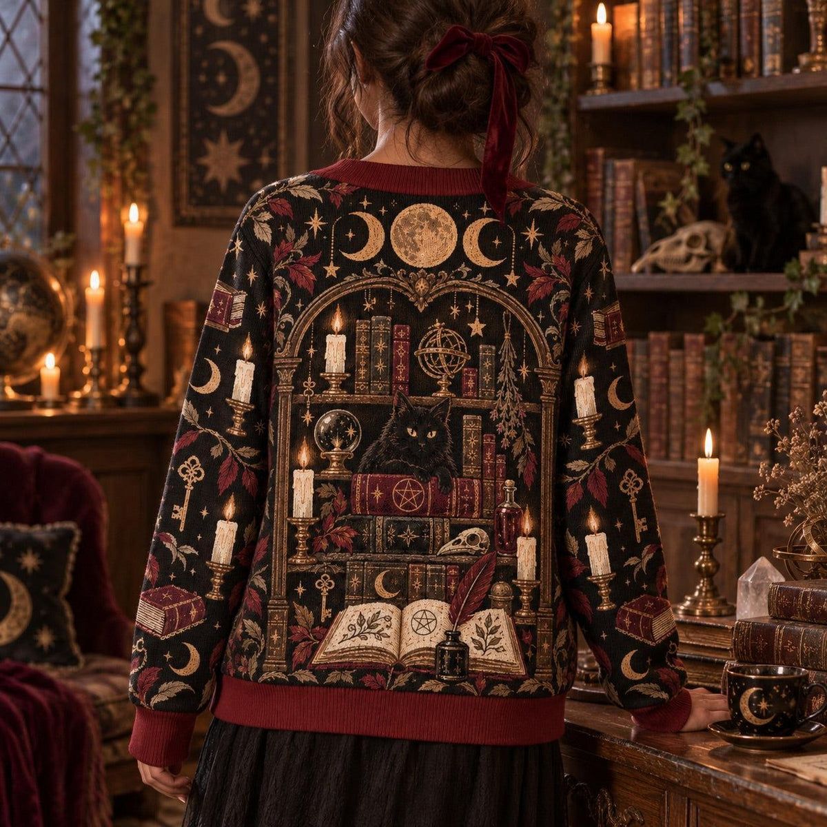 Bookshelf Black Cat Witch Hat Witchy Cardigan for Women Dark Academia, worn, back view