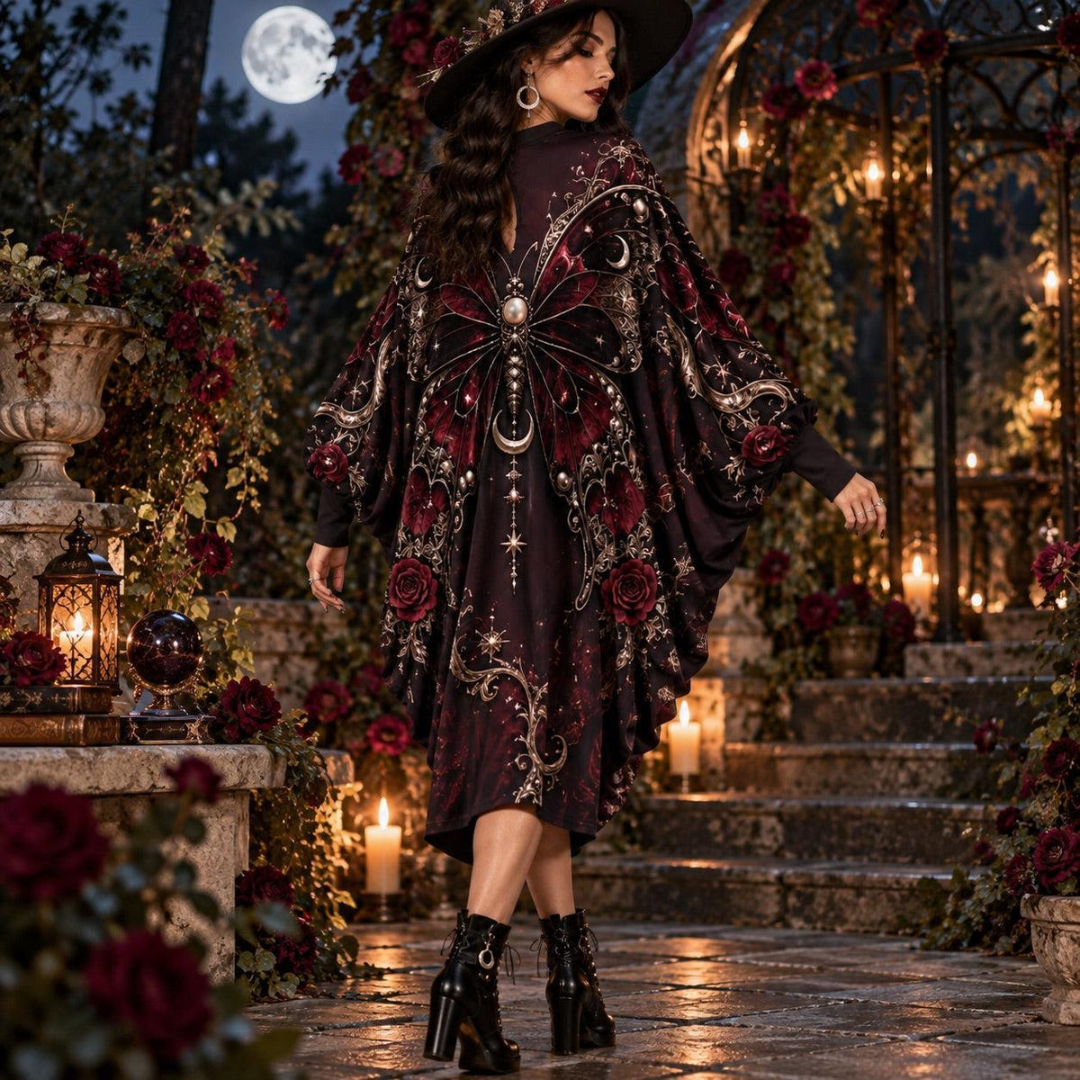 Burgundy Butterfly Moon Gothic Batwing Dress – Rose Witchy Midi – worn, back view
