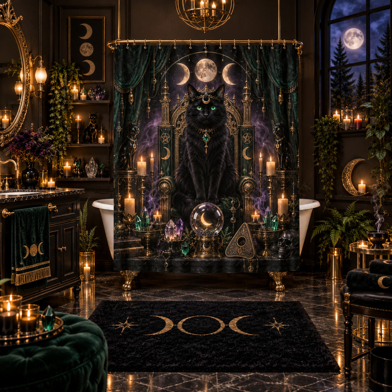 Cat Queen Shower Curtain - Gothic Throne Witchy Moon Decor, styled shot 5
