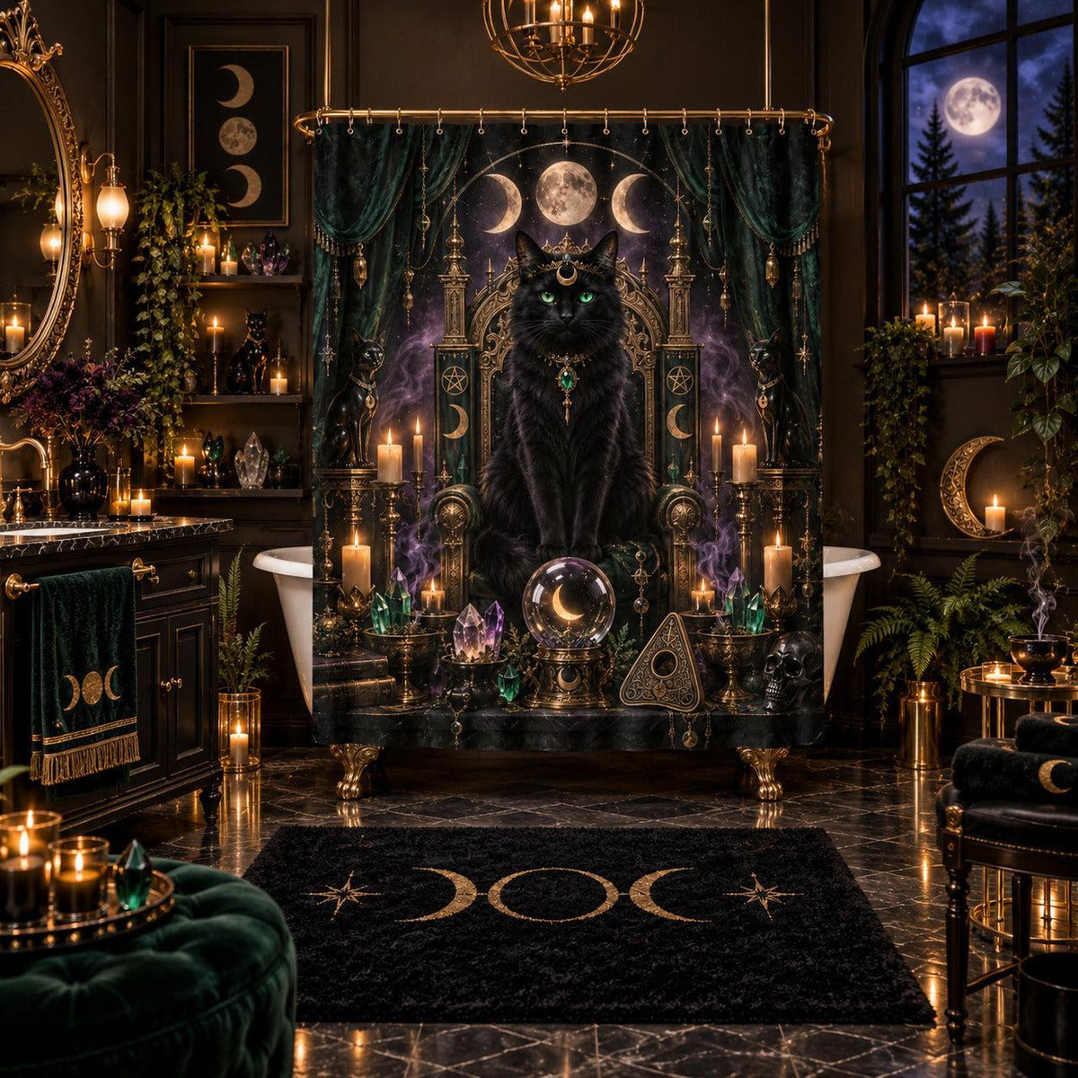 Cat Queen Shower Curtain - Gothic Throne Witchy Moon Decor, styled shot 5