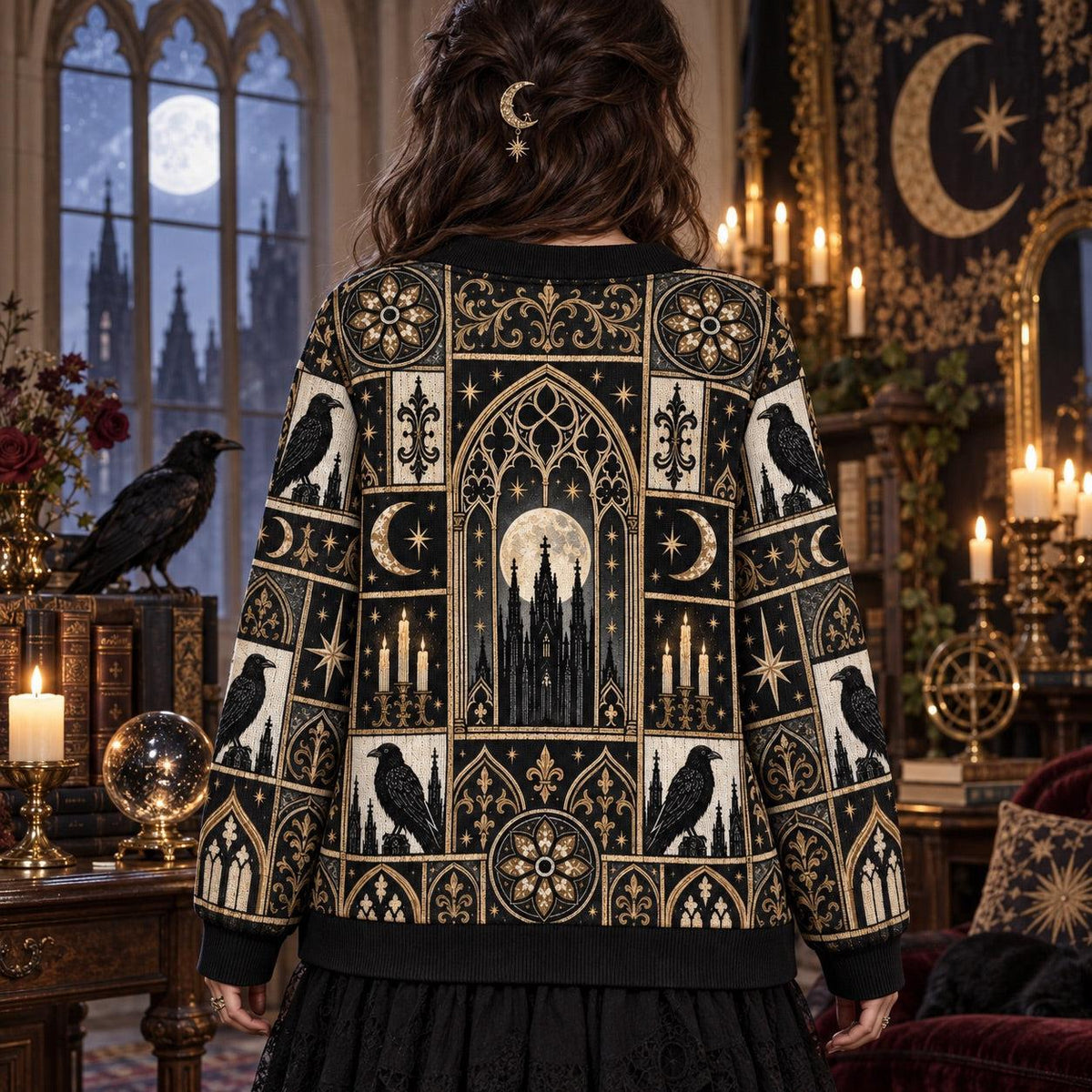 Cathedral Window Raven Gothic Patchwork Cardigan for Women Full Moon, worn, back view