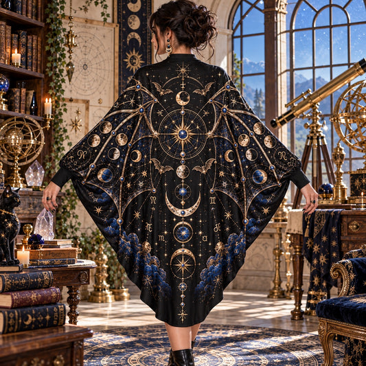 Celestial Bat Star Map Gothic Batwing Dress โ Witchy Astrology Midi โ worn, back view