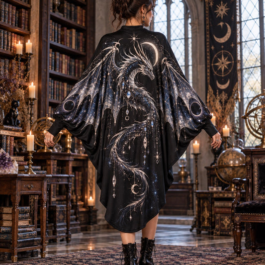 Celestial Dragon Gothic Batwing Dress โ Witchy Crescent Moon Midi โ worn, back view