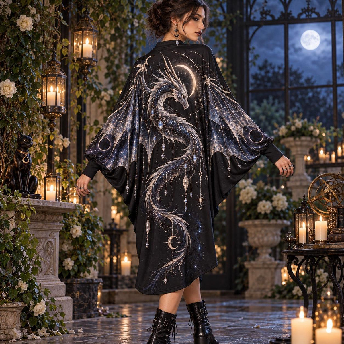 Celestial Dragon Gothic Batwing Dress – Witchy Crescent Moon Midi – worn, back view