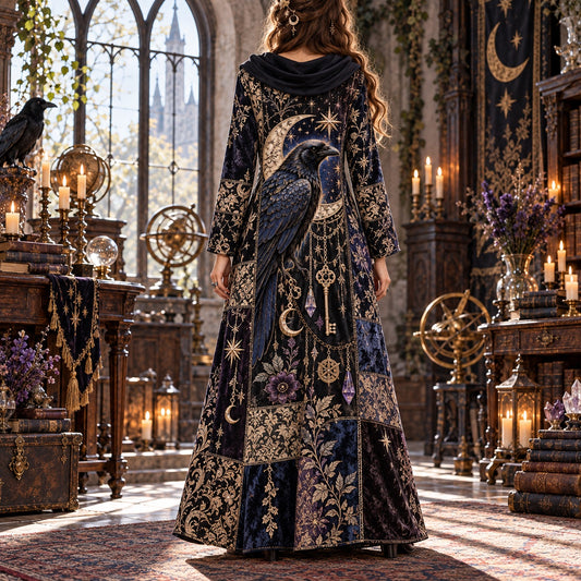 Celestial Raven Reliquary Gothic Cowl Neck Dress โ Witchy Patchwork Maxi โ worn, back view